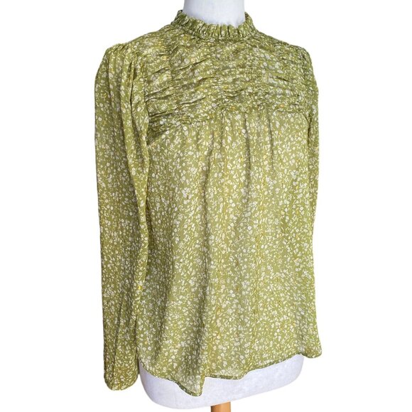 Maison d’ Amélie Boho Floral Green Shirred Ruffle Sheer Cottagecore Blouse-S - Picture 1 of 15